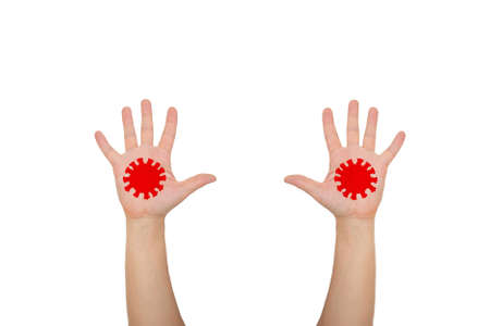 Hands covid-19. Palms with painted  red symbol coronavirus covid-19. The fight against coronavirus. Dirty hands concept. Isolated on a white background.の写真素材