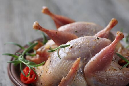 Raw quails ready for cooking on ceramic plate with spices. Closeupの写真素材