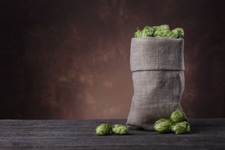 Hops cones in burlap sack on brown background. Closeup