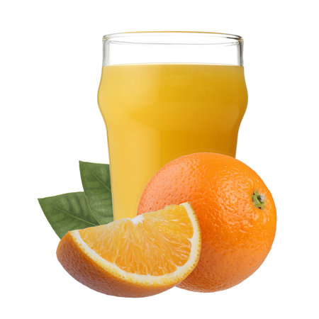 Glass of orange juice and slices of orange fruit isolated on white backgroundの写真素材