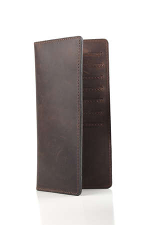 Brown leather wallet isolated on white backgroundの写真素材