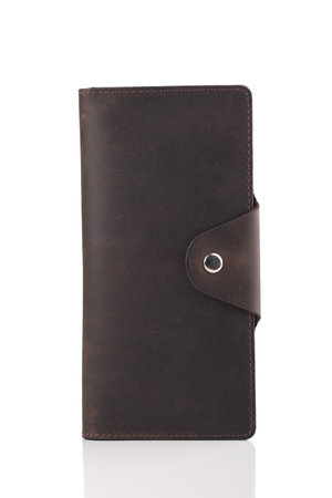 Brown leather wallet isolated on white backgroundの写真素材