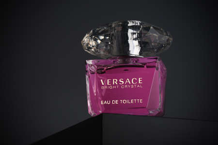 Kropyvnytskyi, Ukraine - 30 Decemberr 2019: Bottle of Versace perfume "Bright crystal" on black gradient backgroundのeditorial素材