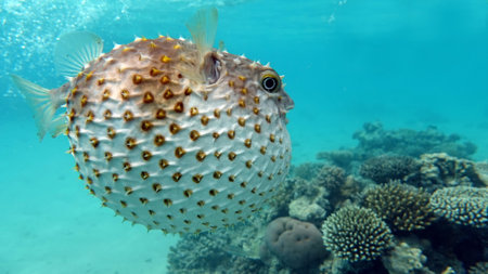 Fish hedgehog. Yellow-spotted cyclicht - grows up to 34 cm, feeds on crustaceans and molluscs. In case of danger, it takes the form of a ball, bristling spines.の写真素材