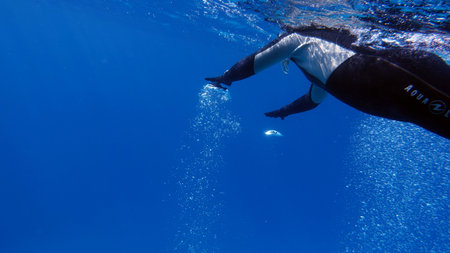Underwater view of a female scuba diver swimming in the blue sea