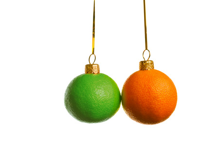 Juicy citrus as a xmas balls, isolated on whiteの写真素材
