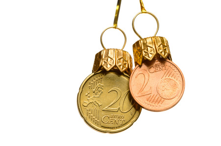 Euro cents as a xmas decoration, isolated in whiteの写真素材