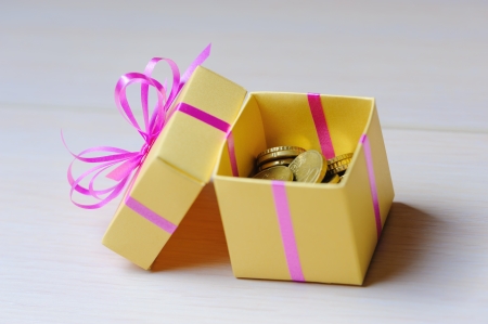 Euro coins in a gift boxの写真素材
