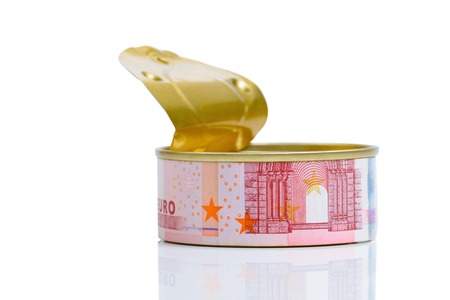 Open tin can with Euro banknote label, isolated on white background