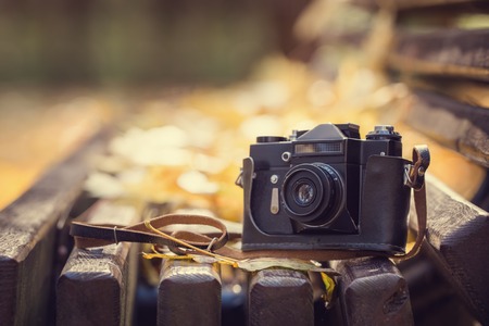 Vintage camera on wooden bench in autumn park.の写真素材