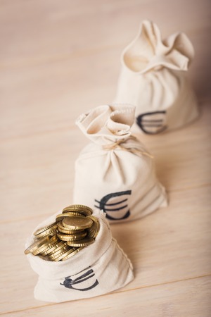 Money bags with euro coins, selected focusの写真素材