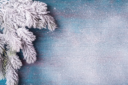 Xmas tree branches with snow over wooden backgroundの写真素材