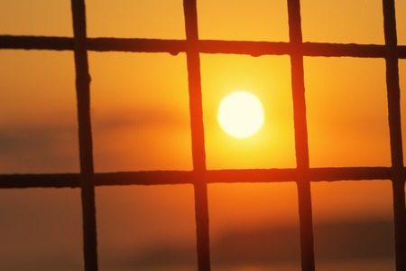 Sunrise sun inside of cell of metal gridの写真素材