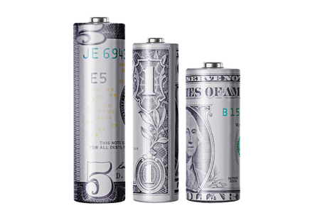 Double exposure of battery and USD bank notes, isolated on white