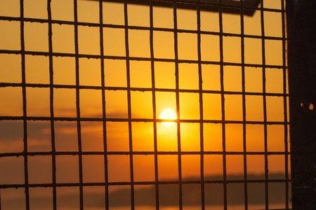Sunrise sun behind a metal gridの写真素材