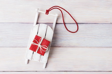 Top view of Santa's sled with red gift boxの写真素材