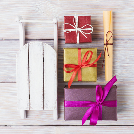 Christmas decoration set over white wooden backgroundの写真素材