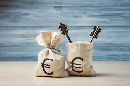 Money bags with Euro symbol and keys, mortgage conceptの写真素材