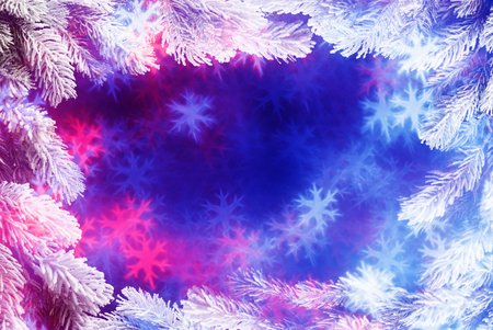 Christmas card with snowbound branches over holiday defocused lightsの写真素材