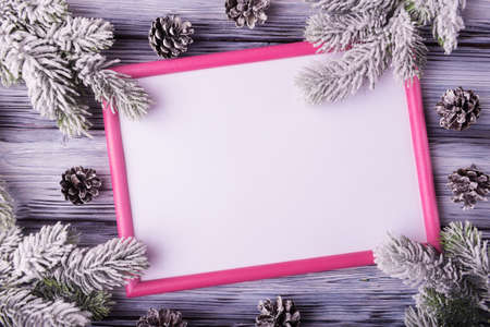 Pink frame with blank white background and Christmas decorationの写真素材