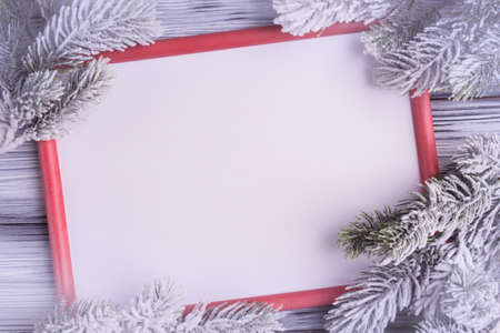 Blank white card in red frame with frosty Christmas tree branches on wooden backgroundの写真素材