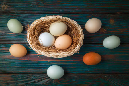 Colored eggs on decorative vintage wooden background. Easter holiday greetingの写真素材
