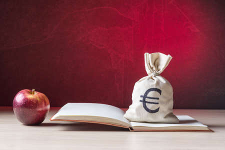 Sack with Euro sign on open note pad and apple over background with red backlightの写真素材
