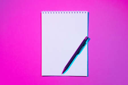 Blank notebook with copy space and pen on pink background. Double colorful shadows