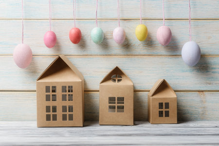 Easter conceptual still life with craft houses and decorated eggs over wooden backgroundの写真素材