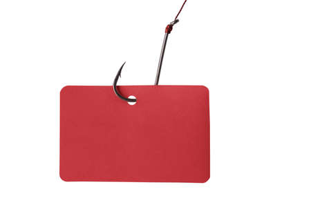 Red blank card with copy space hanging on fishhook. Isolated on white backgroundの写真素材