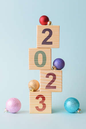 Xmas tree made of wooden cubes and Christmas decoration. New Year and Christmas conceptual greetingの写真素材