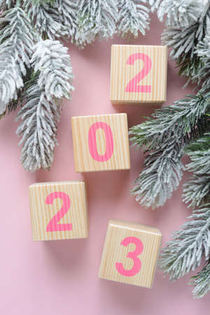 Christmas background with frosty branches and wooden cubes with digits 2023. Xmas and New Year conceptの写真素材