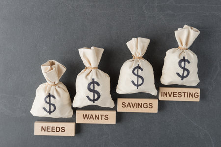 Money bags with USD symbols and wooden blocks with words needs, wants, savings, investing. Spending categories. Income spending categoriesの写真素材