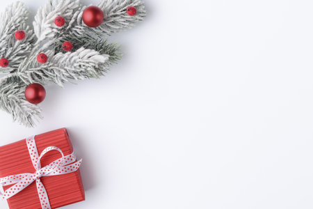 Christmas tree frosty branch and red gift box on white background with copy spaceの写真素材