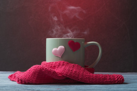Steaming cup with pink scarf decorated with hearts on dark background. Valentineâs day greeting conceptの写真素材