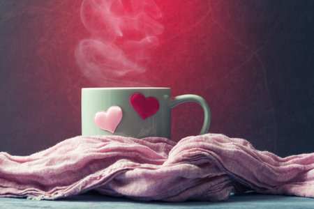 Cup with steam and Valentines hearts in scarf. Valentineâs day greeting concept. Valentine background with copy spaceの写真素材