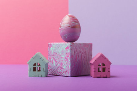 Decorative easter eggs painted in fluid art technique and housesagainst pink-lilac background with copy space. Easter holiday greeting conceptの写真素材