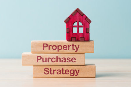 House model on wooden blocks with caption Property  Purchase Strategy. Mortgage and home buying conceptの写真素材