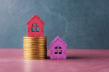 Houses models and coins stack over background with copy space. House buying and home mortgage conceptの写真素材