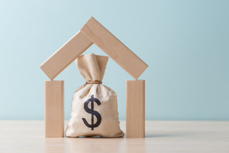 Money bag with Dollar sign in a frame of wooden blocks in the shape of house. Buying new house, real estate purchase and mortgage concept. Blue background with copy spaceの写真素材
