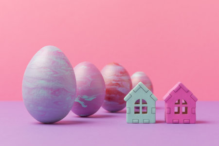 Easter eggs painted in fluid art technique and house models against pink background. Creative Easter holiday greeting conceptの写真素材