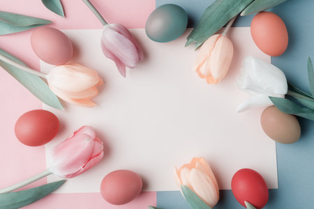 Easter eggs and tulip flowers with blank paper card. Easter holiday greeting card with copy spaceの写真素材