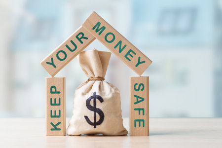 Money bag with Dollar sign in a frame of wooden blocks with words Keep Your Money Safe. Concept of money saving tips and ways. Financial strategy and planningの写真素材