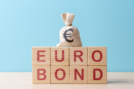 Moneybag with Euro symbol on wooden blocks with capture Eurobondの写真素材