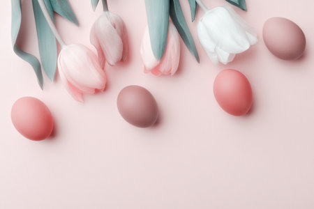 Easter eggs and tulip flowers on blank light background with copy space. Easter greeting card templateの写真素材