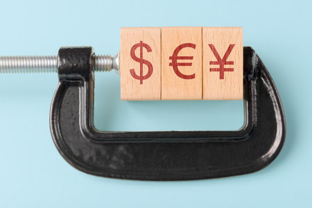 C-clamp holds wooden blocks with currency symbols for the US Dollar, Euro, and Chinese Yuan. Concept of global finance, trade, and currency exchangeの写真素材