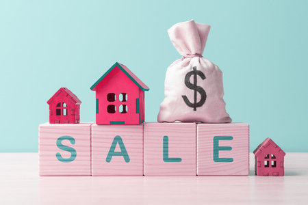House models, money bag with dollar sign on wooden cubes with word Sale. Concept of mortgage and real estate buyingの写真素材