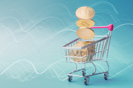 Golden bitcoins are falling into shopping trolley. Abstract background with copy space. Cryptocurrency and blockchain conceptの写真素材