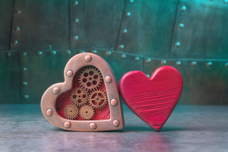 Two steampunk Valentineâs hearts with gears over metal plates with rivets. Valentine's day conceptual greetingの写真素材