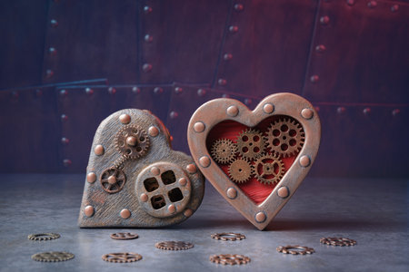 Valentines day background in steampunk style. Two hearts over industrial background with copy spaceの写真素材